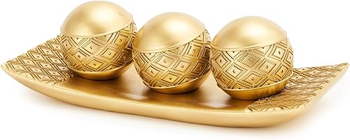 Miniatura 9 de Juego de 3 orbes decorativos de resina dorada con bandeja para decoración de mesa de centro de mesa Oro