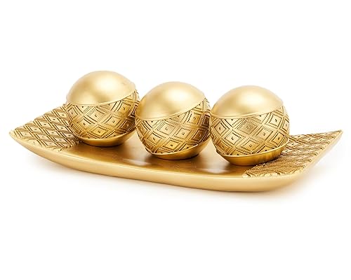 Gold Spheres Orbs Set of 3 with Tray for Centerpiece