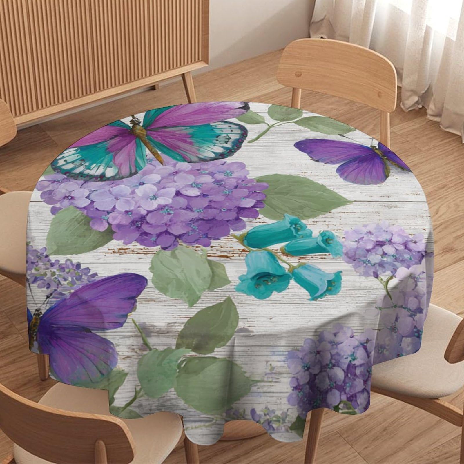 LUYYSKY Colorful Beautiful Butterflies Round Tablecloth Rustic Vintage Wooden Boards Lilac Lavender Animals Butterfly Washable Decor for Table Cover for Kitchen-91.4" Wx91.4 L cm