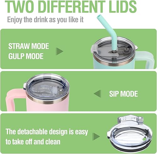 Miniatura 5 de Zukro Taza de 24 oz con revestimiento de cerámica con asa y popote, sin sabor metálico, taza de café de acero inoxidable aislada con tapas a prueba