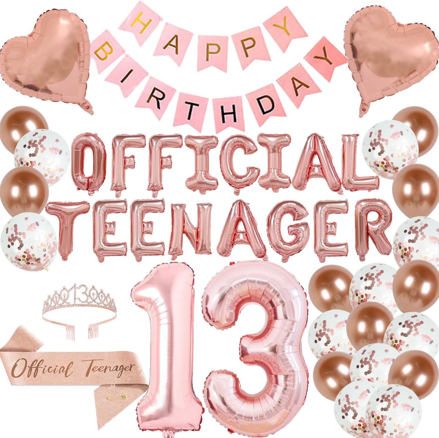 13th Birthday Party Decorations OFFICIAL TEENAGER Party Balloons 13th Birthday Tiara Official Teenager Sash Happy Birthday Banner for 13 Year Old Girls Birthday Party Favor Supplies (rose gold)