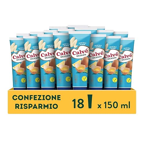 Calvé Maionese Delicata, 18 Pezzi da 150 ml, Maionese Calvé Delicata con un Tocco di Limone e il 60% di Grassi in Meno*, Ideale per Piatti di Pesce e Tartine, Senza Glutine, Vegetariano