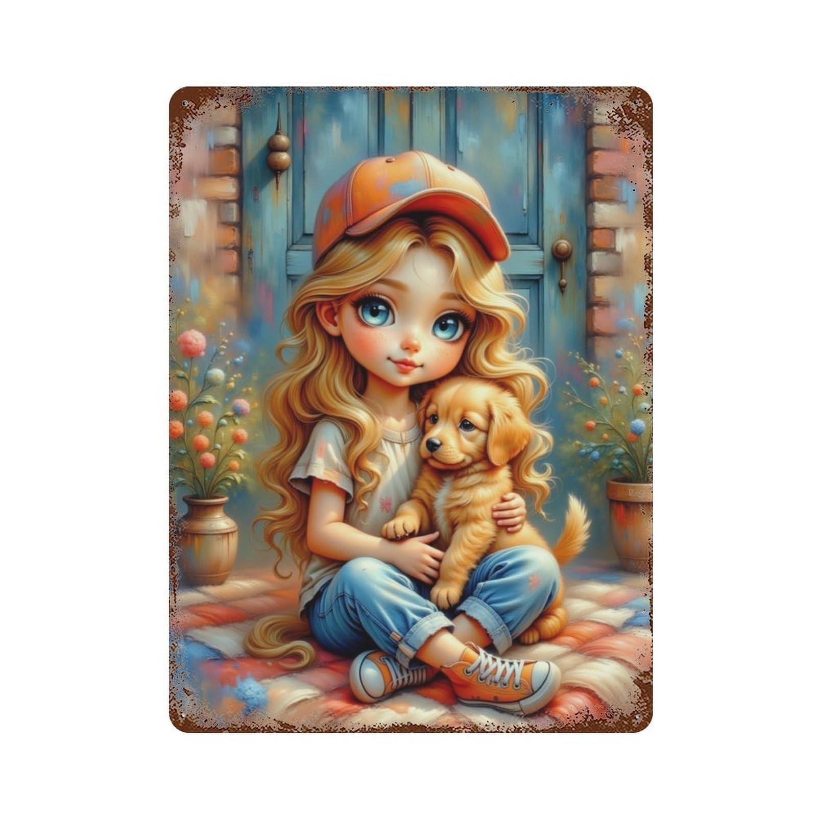 Girl with Puppy on Rug 15.7"x11.8" Weathered Tin Sign, Shabby Chic Decor for Cafe, Home Bar And Lounge Decor
