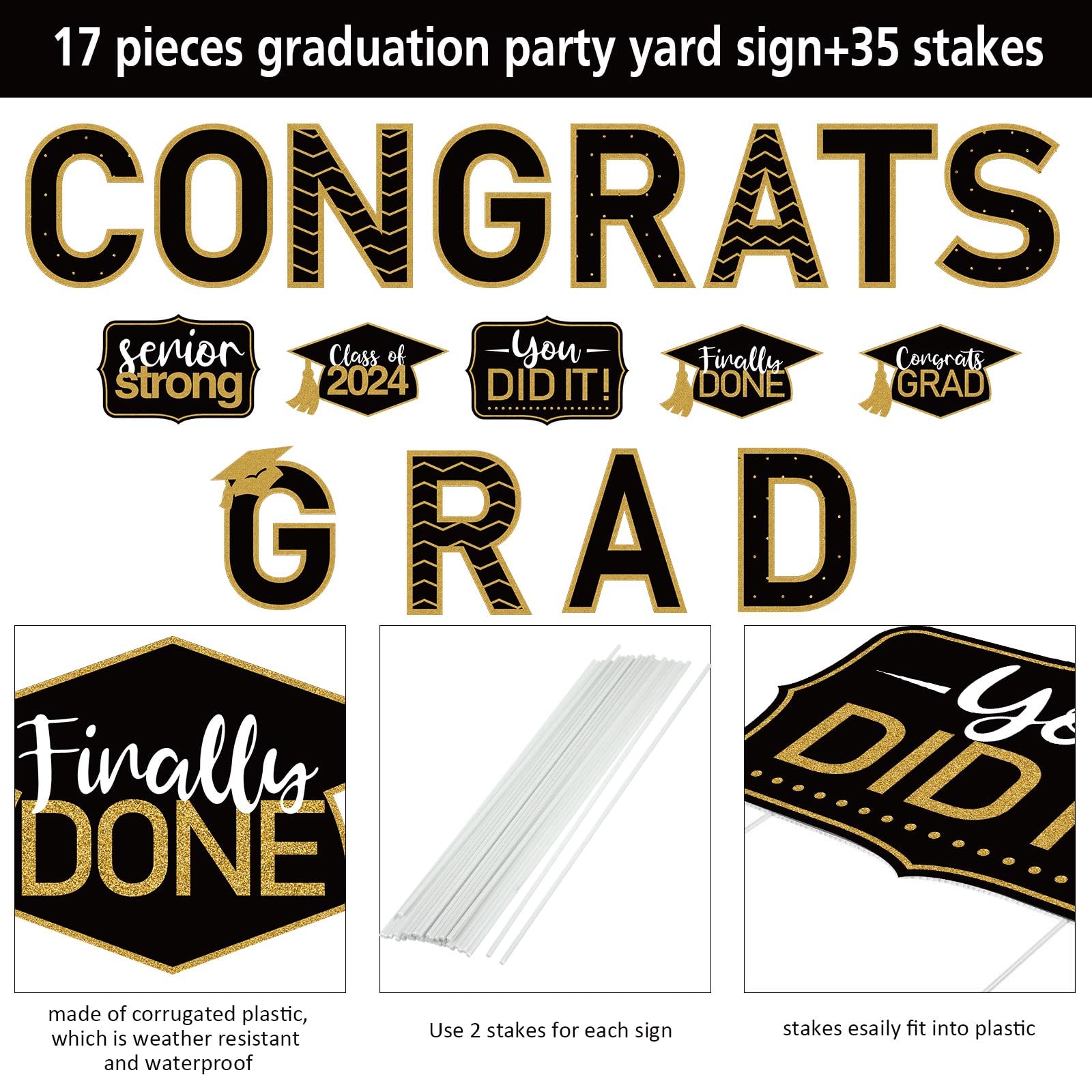 17 Pieces 2025 Graduation Decoration Outdoor Congrats Grad Yard Sign Class of 2025 Garden Lawn Sign with 35 Stakes for Grad Party Outdoor Decor(Black)