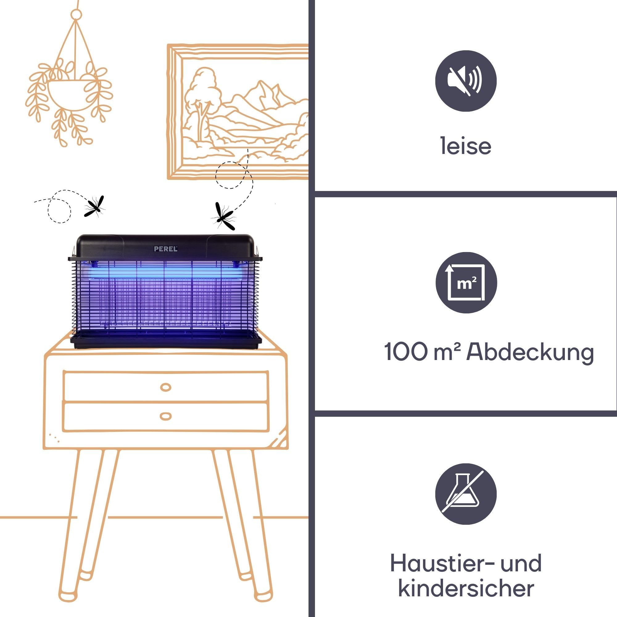 Perel Elektrischer LED UV Insektenvernichter, 3000V Hochspannungsgitter, IPX4 spritzwassergeschützt, abnehmbare Auffangschale, 100 m² Abdeckung, leistungsstark für Innen und Außen