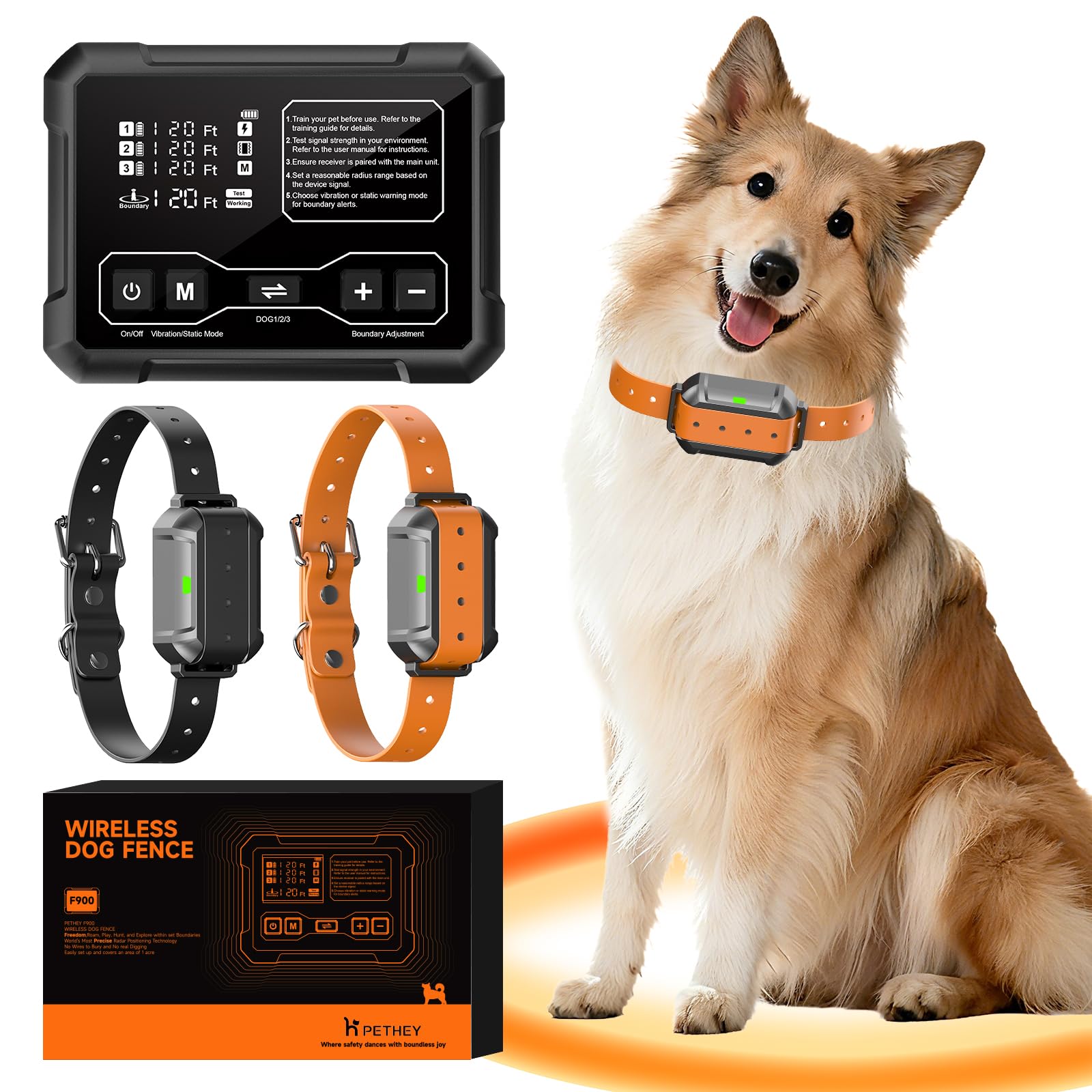 F900 Radar Wireless Dog Fence, 10-120 ft Adjustable No-Wire Boundary, Real-Time Transmitter-to-Collar Distance Display, Audible Boundary Approach Alert, for Dogs 15 lb+ (2 Collars