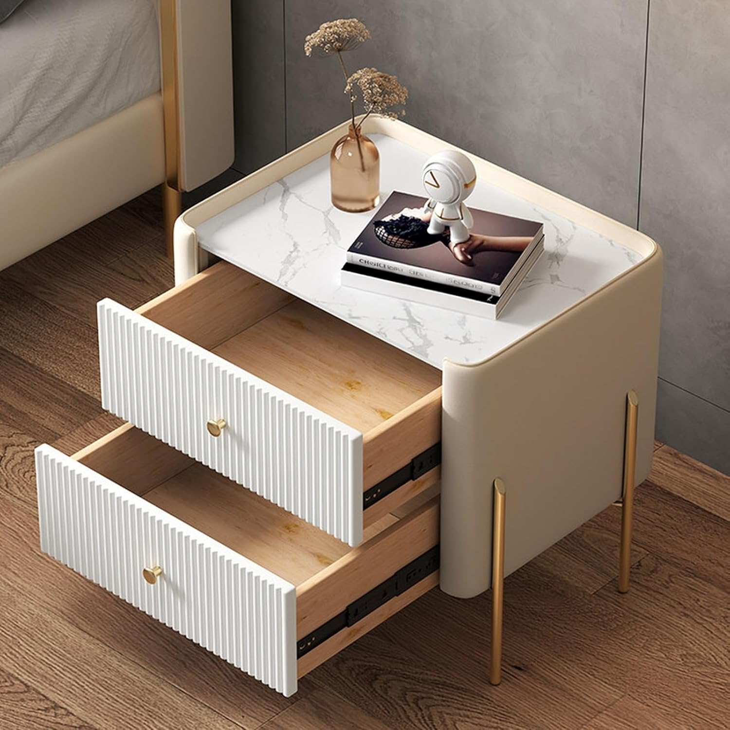 Bed Side Table Nightstand Two Drawers Metal Legs Stone Top Raised Rim for Bedroom Storage Night Stand(White,Large)