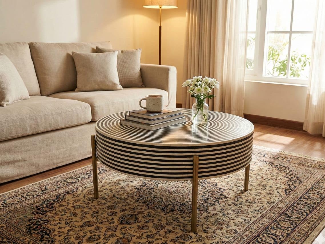 Handcrafted Bone Inlay Coffee Table | Black & White Striped Round Center Table | Luxury Living Room Furniture with Brass Finish Metal Legs | 90 x 90 x 43 cm-image-21