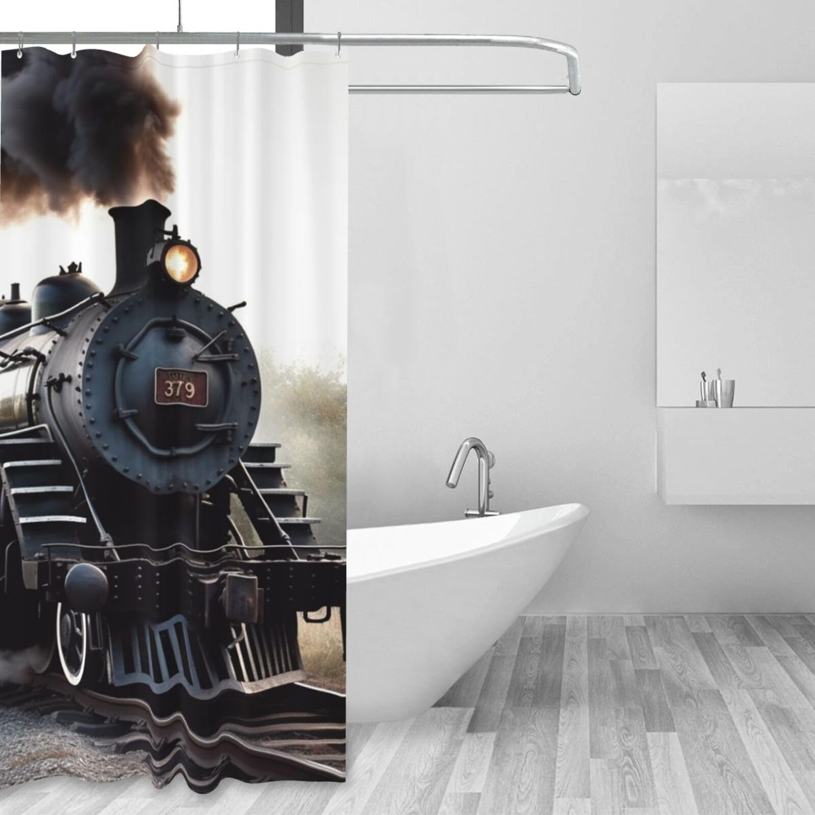 Rideau de douche imperméable motif train vintage avec 12 crochets inclus