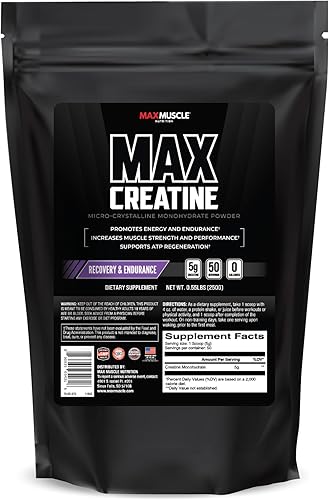 Max Muscle Polvo de monohidrato de creatina ultra pura  Pureza probada  50 porciones  0.18 oz por porción  100% micronizado para una máxima