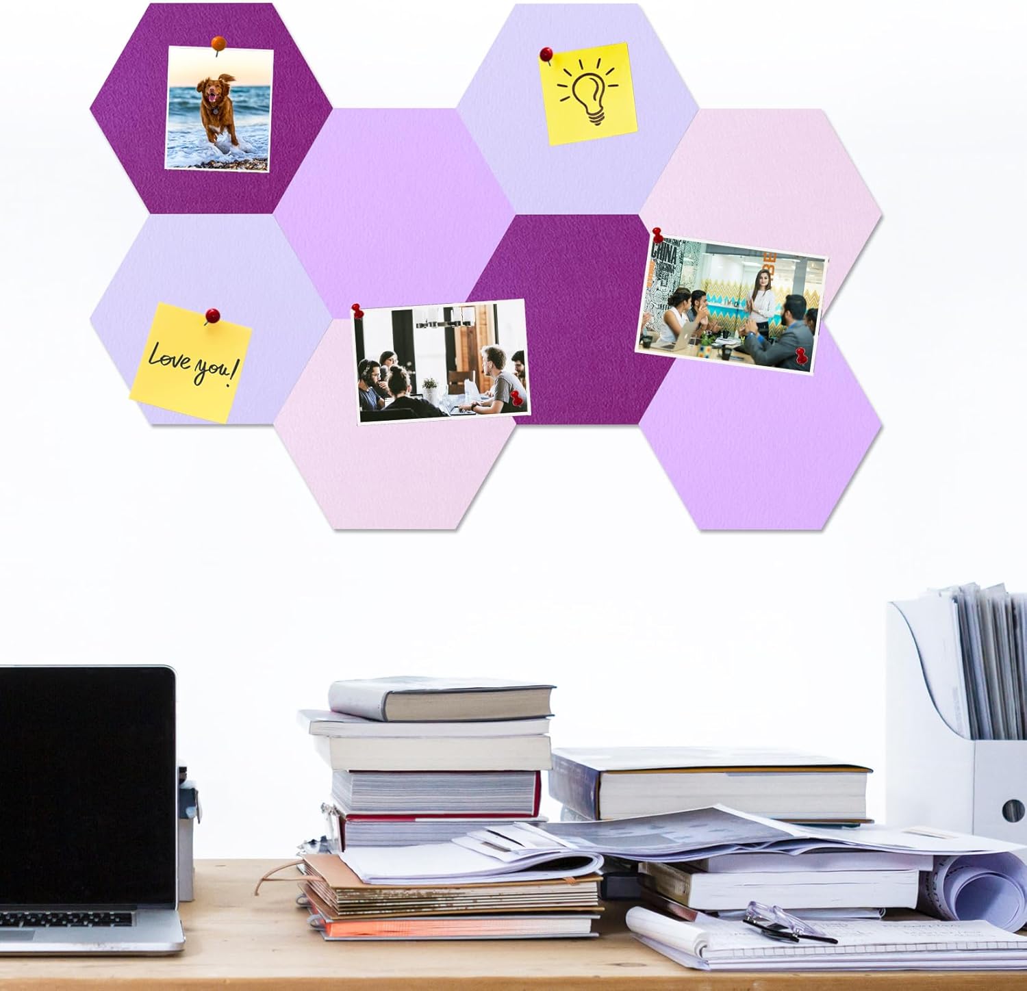 Large Hexagon Felt Cork Board Tiles, Self Adhesive DIY Felt Bulletin Board Pin Board with 35 Pushpins for Office School Home Wall Decor Stickers Memos Photos Display(Purple+Pink)