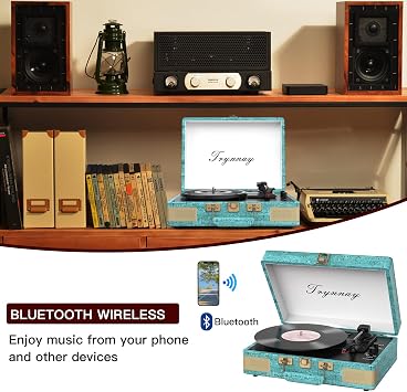 Trynnay Record Player 3 Speed Bluetooth Portable Suitcase Vinyl Player with Built-in Speakers Turntable Enhanced Audio Sound Sky Blue