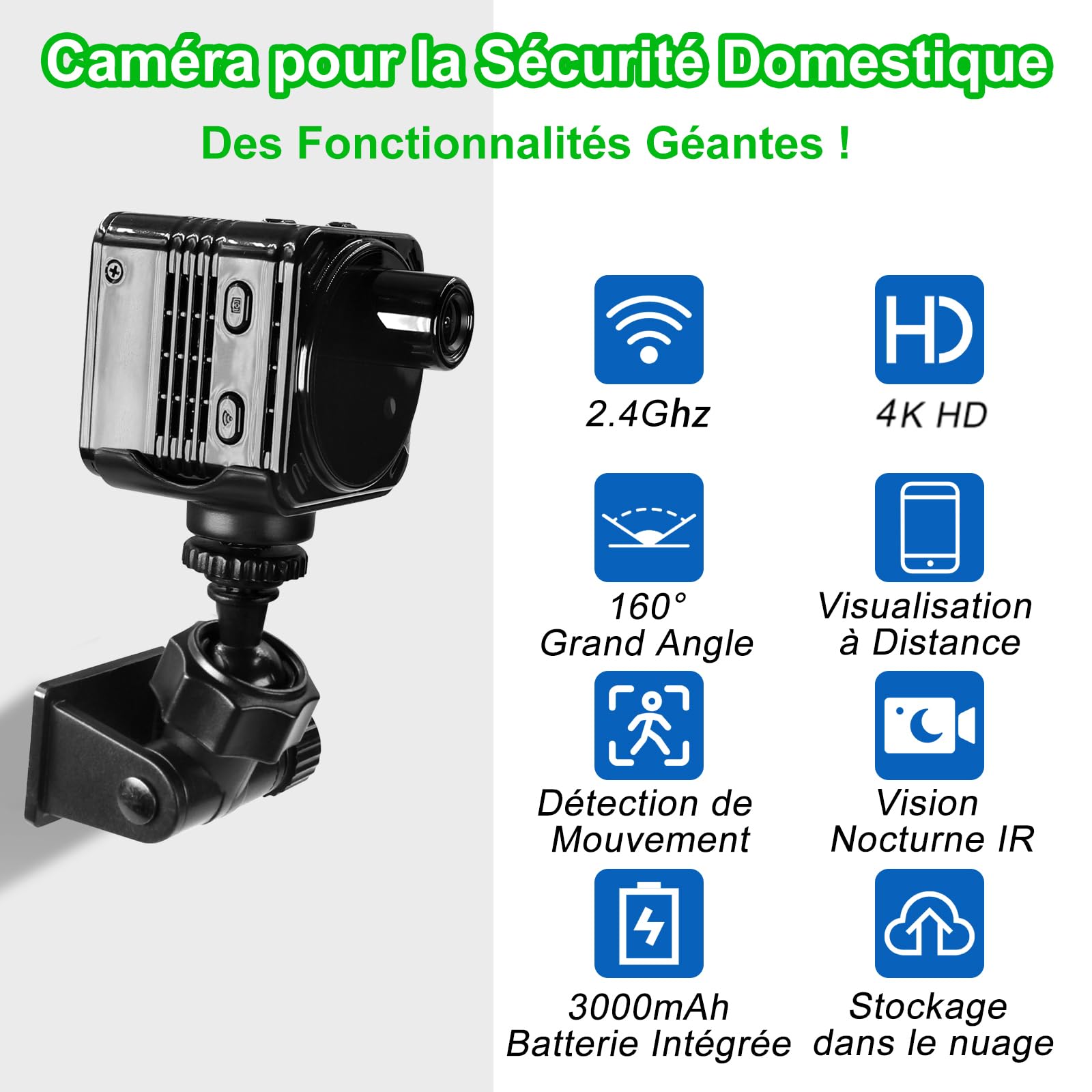 TANGMI Petite Caméra Wi-Fi 4K Et Grand Angle 160°, Batterie Intégrée