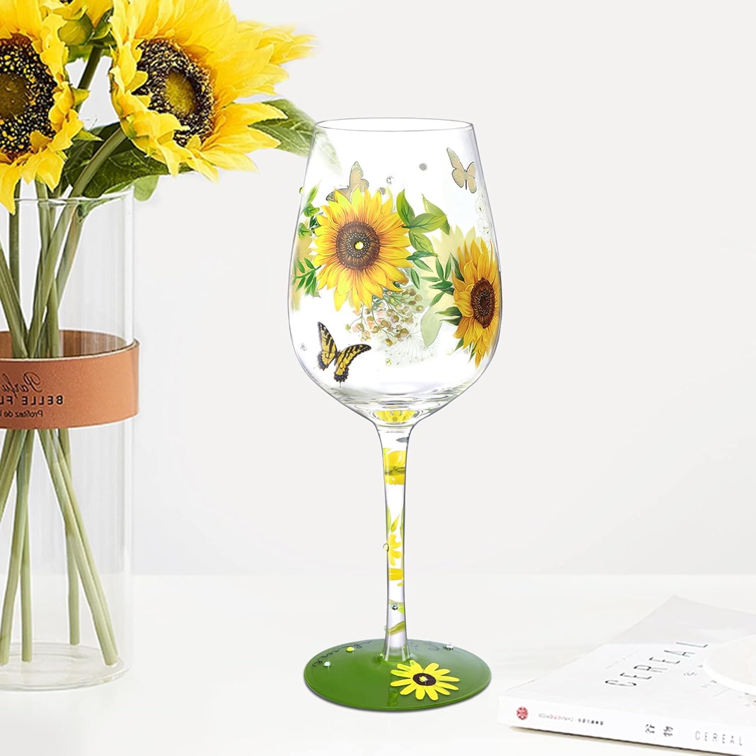 NymphFable Hand-painted Wine Glass Sun Flower Butterfly Artisan Painted 15oz Personalised SunFlower Gifts for Women - Image 7