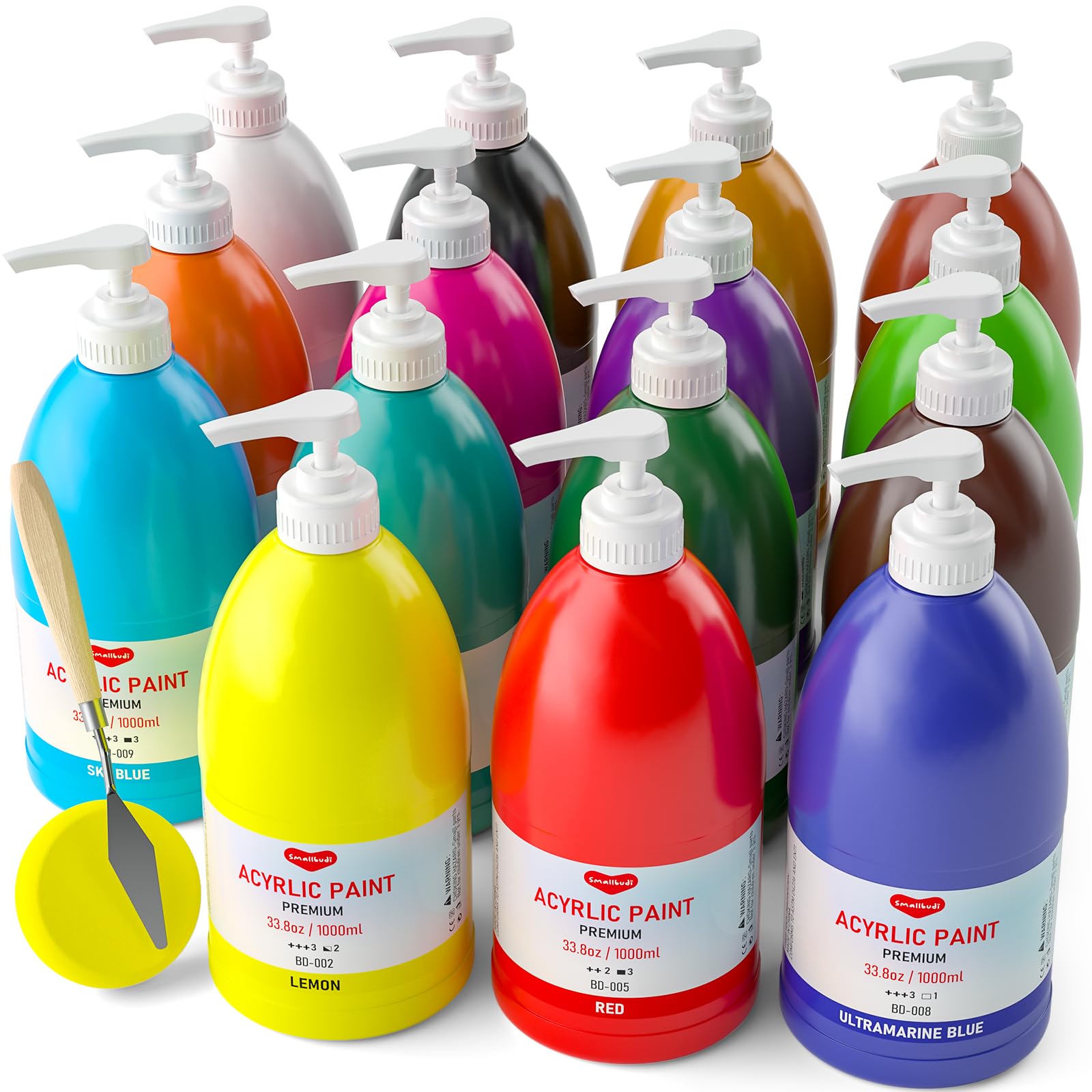 Smallbudi 15 Colors Large Acrylic Paint Set (33.8 oz,1000 ml) Art Painting Bulk Supplies for Multi Surface Canvas Wood Leather Fabric Rock Craft, Non Toxic Paint for Kid & Adult with Pump, Color Wheel