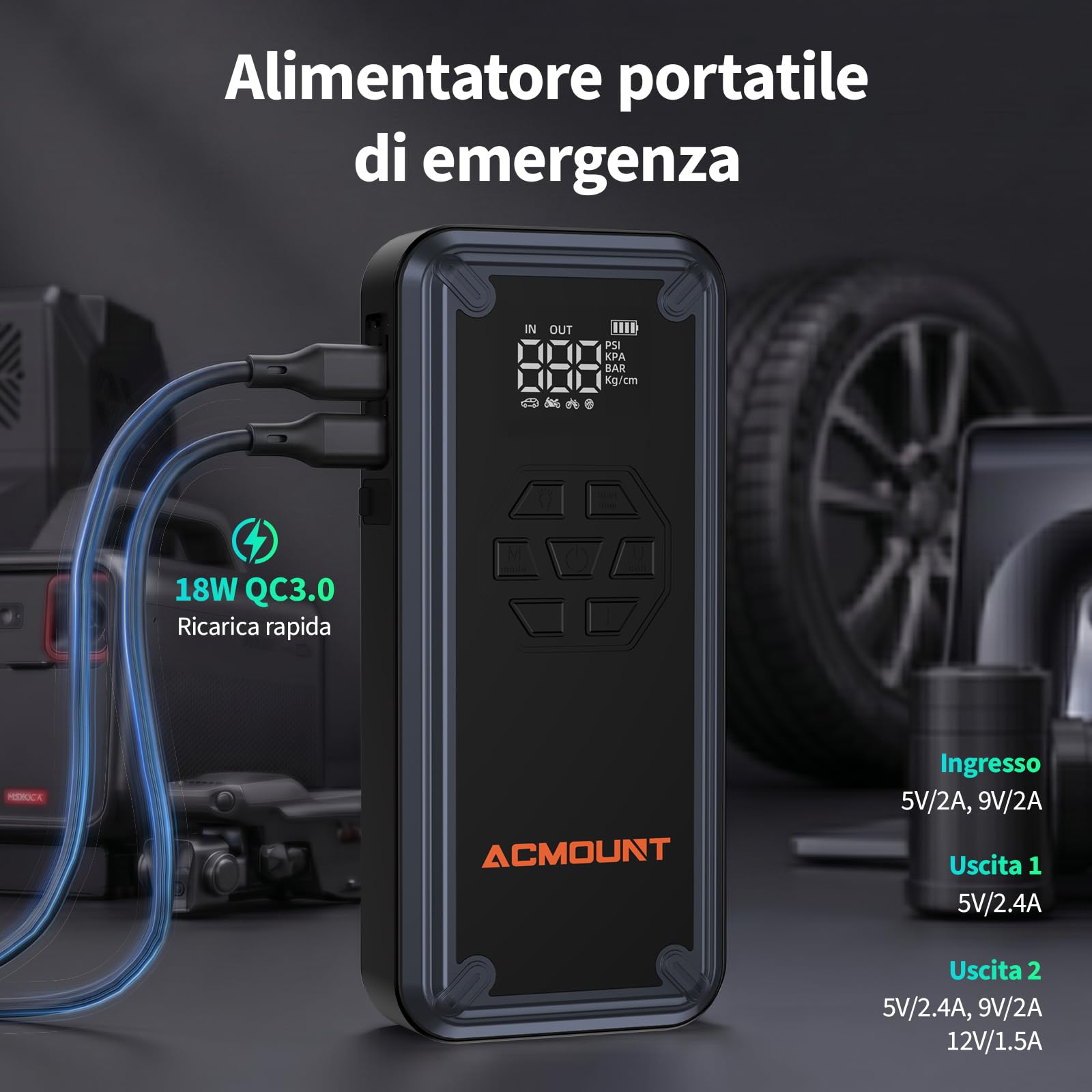ACMOUNT Avviatore Batteria Auto 7000A, Booster Avviatore Auto con Compressore 150PSI (Per Benzina 9L/Diesel 8L) Starter Batteria Portatile 12V Jump Start con Ricarica Rapida 18W, LED & LCD
