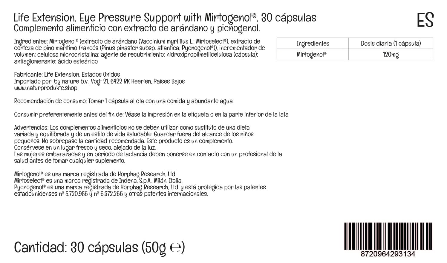 Life Extension, Eye Pressure Support with Mirtogenol, Extracto de Arándano y Pycnogenol, 30 Cápsulas veganas, Testado en Laboratorio, Sin Gluten, Vegetariano, Sin Soja, No GMO