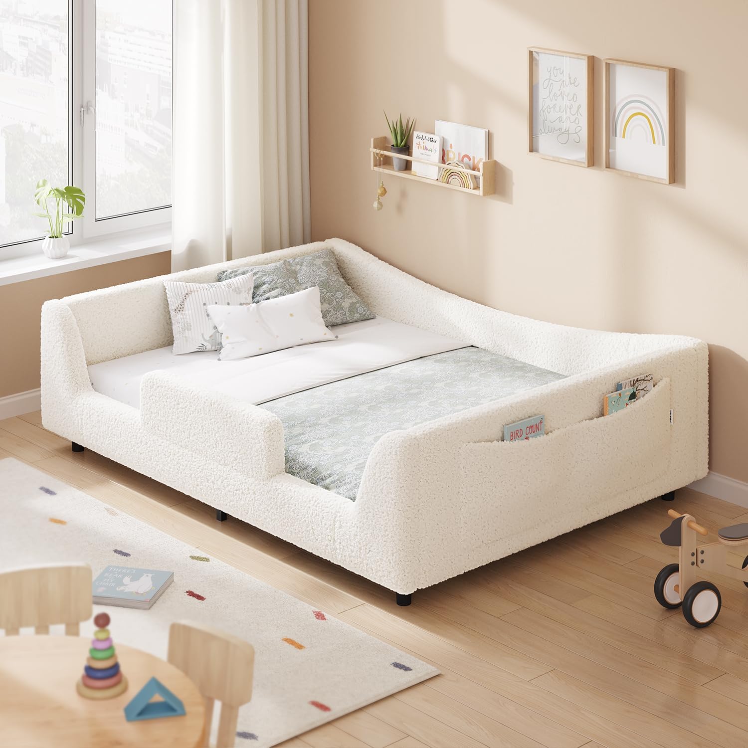 HAUOMS Full Montessori Floor Bed 2-in-1 Convertible, Teddy Boucle Upholstered with High Rails, Slats, Curve Frame, Beige Twin No Box Spring