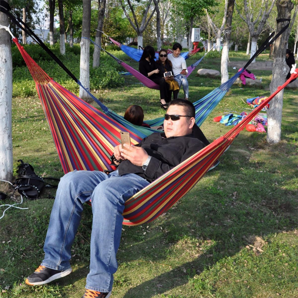 Double Thickened Canvas Swing Hammock with Two Binding Ropes and Carry Bag Lightweight Outdoor Camping Sleeping Bed for Two Red Fashion Canvas Hammock for Travel and Backyard