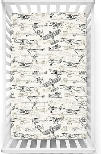 Sábanas bajeras para cuna pequeña con temática de avión, sábanas portátiles para cuna para niño o niña, 24 x 38 pulgadas, verde oliva, bronceado,