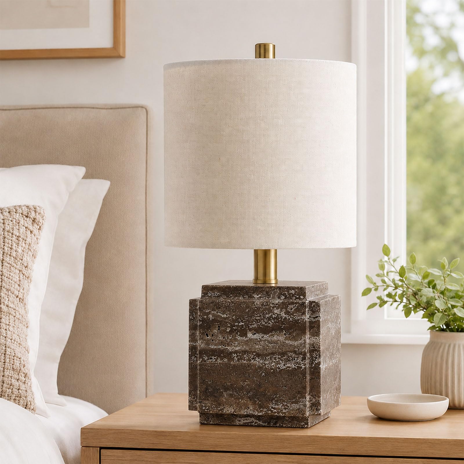 KlkrzJwy Travertine Table Lamp 15.7" Plug-in Table Lamp Beige Linen Bedside Lamp With E27 3-Color Temperature Natural Cube Stone Nightstand Lamp For Bedroom Living Room Office