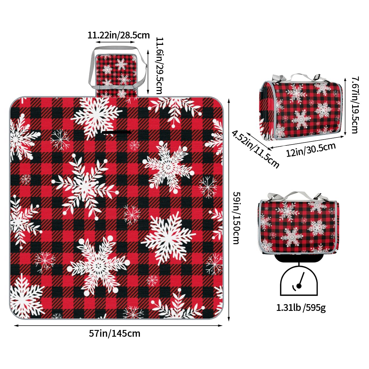 Shimoshe Picnic Blankets 57”x 59”, Red and Black Buffalo Plaid Snowflakes Waterproof Sandproof Picnic Mat Lightweight Foldable Beach Blanket for Camping Park Grass Beach Outdoor Blanket