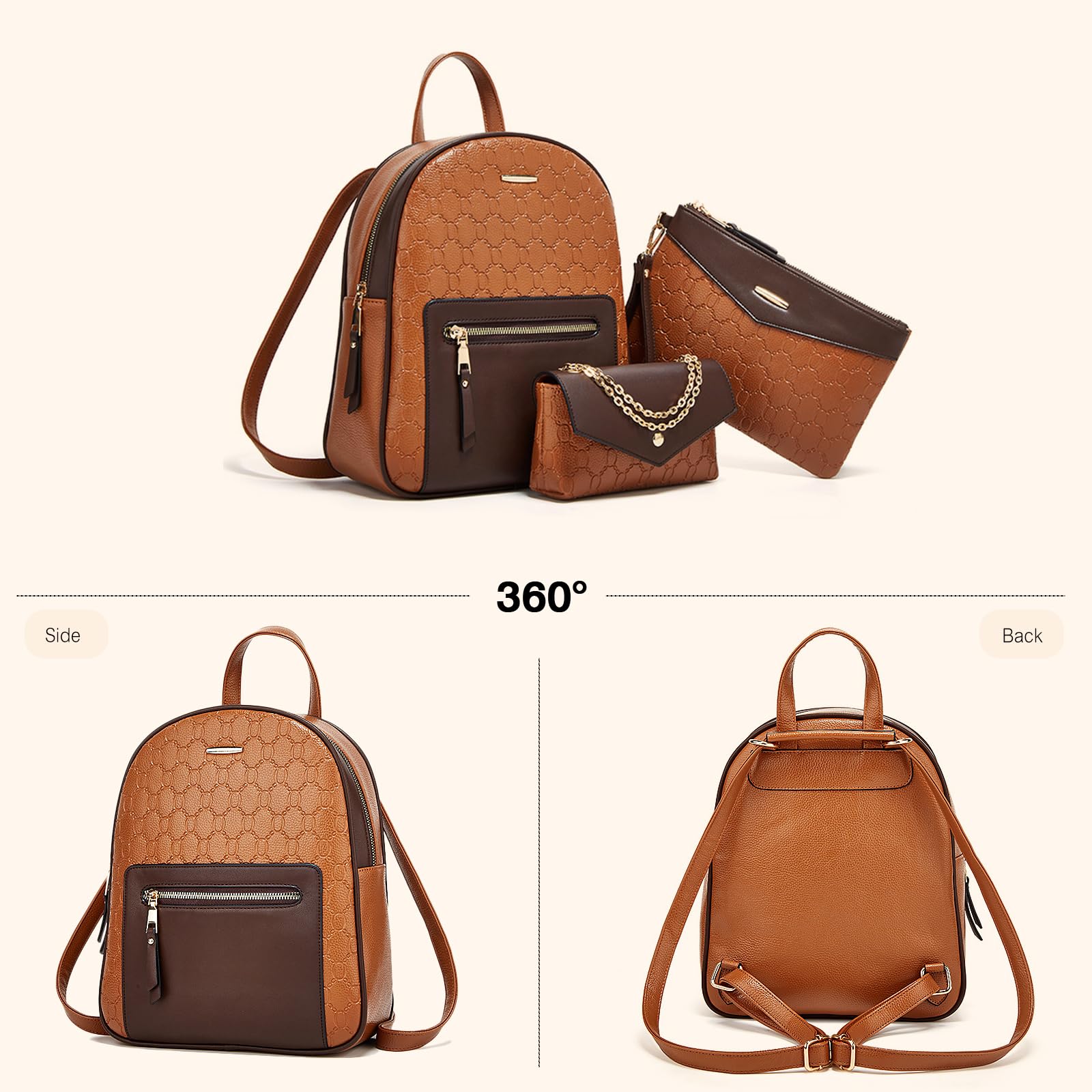 FANDARE 3 Piezas Bolsos Mochila para Mujer Mochilas con Bolsa para las axilas Muñeca Bolso de mano Bandolera Cartera de cuero PU impermeable Bolso de Hombro Bandolera escolar para trabajo viajes