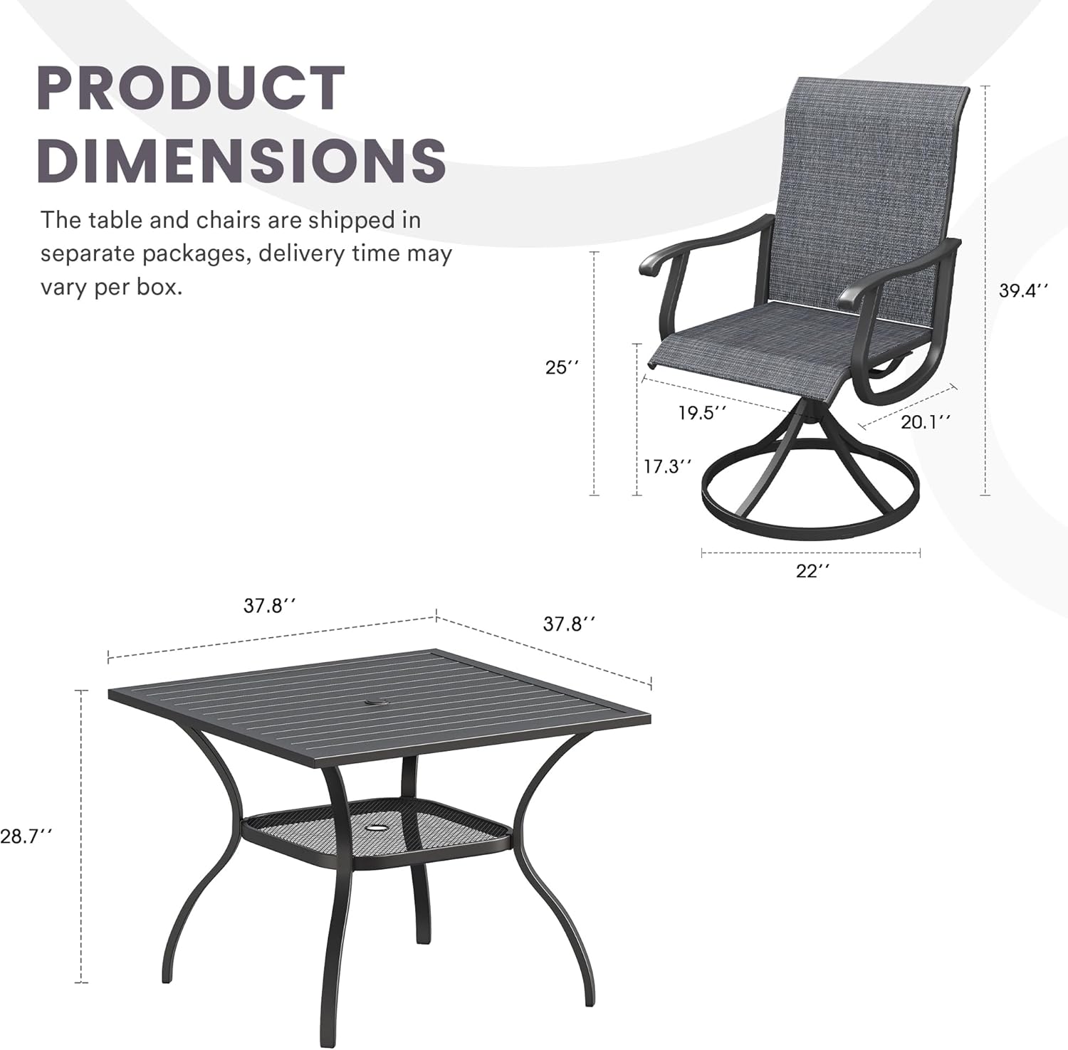 5 Pieces Patio Furniture Dining Set, 4 Textilene Swivel Dining Chairs, 38" Outdoor Square Metal Table with Storage Shelf and 1.57" Umbrella Hole, Outdoor Dining Set for Porch, Lawn, Black/Black