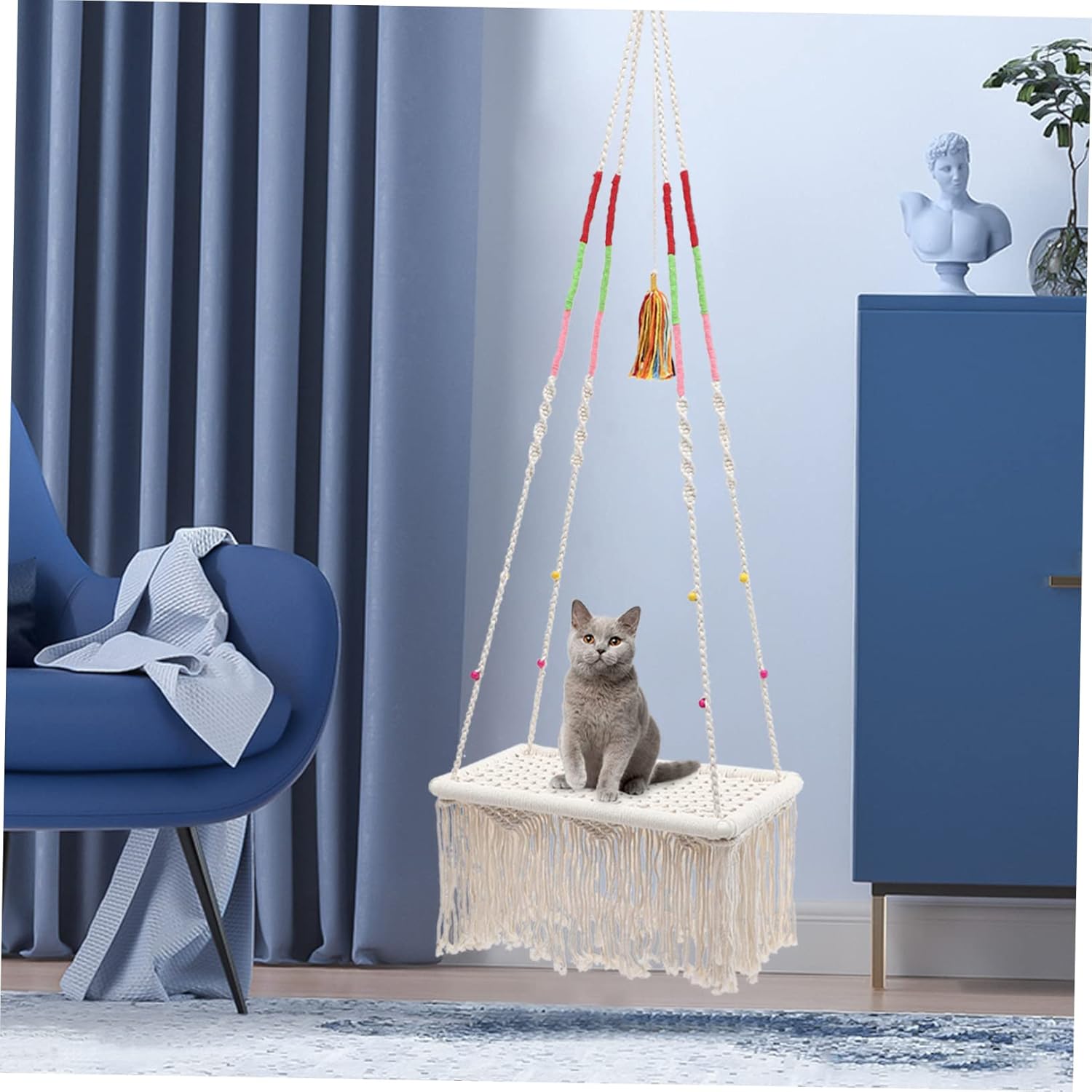 Luxshiny Breathable Macrame Hanging Cat Bed Hammock with Hanging for Indoor Cats and Small Pets and Odor Cozy Nest Comfortable Sleeping and Play Resting Swing for Kittens and Rabbits