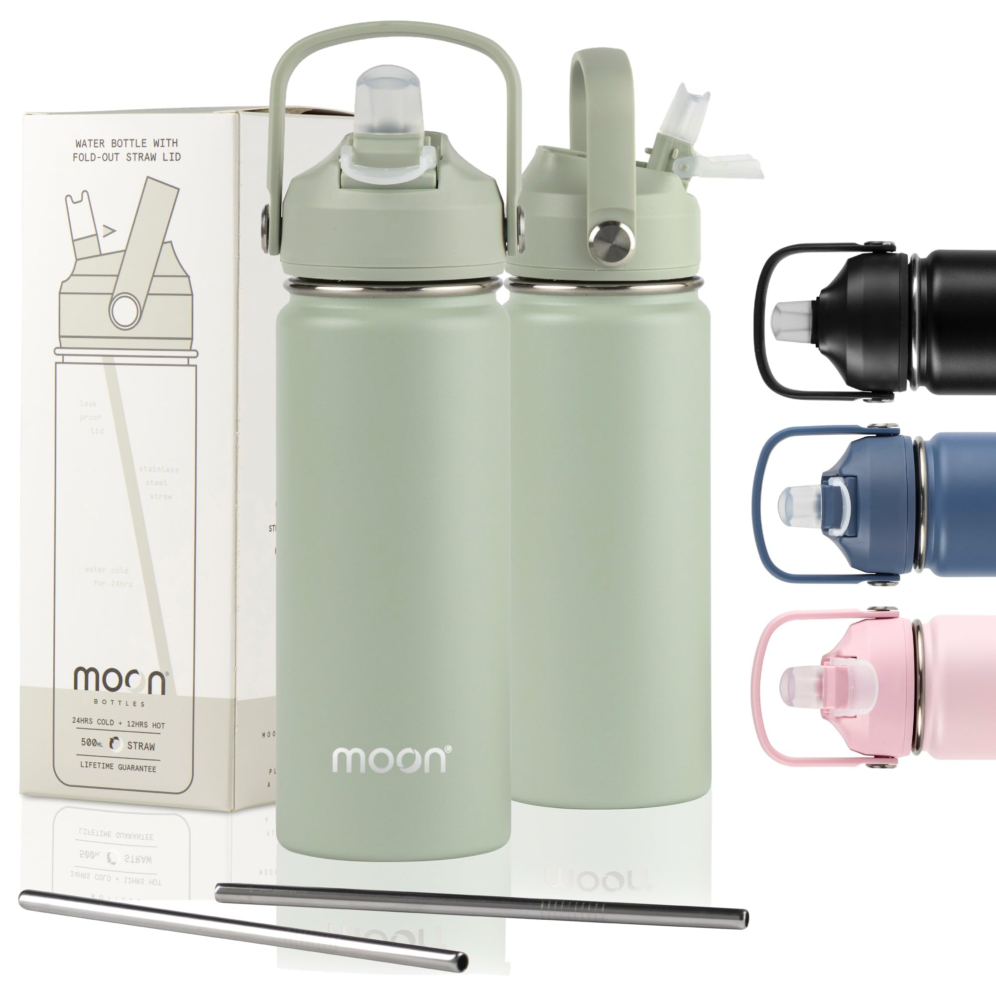 Moon Bottles Mint Green - Insulated Water Bottle With Straw - Stainless Steel Sports Drink Bottle, Thermal Flask, 24Hr Cold, 12Hr Hot, Double Walled, Metal Straw, Silicon Spout, Uk Company (500Ml, Green)