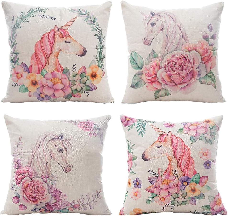 TEALP Case Floral Unicorn Pillow Cover Linen Cotton Decorative Pillow Case Home Sofa Cushion Set,4-Pack Square Design (18x18 inch)