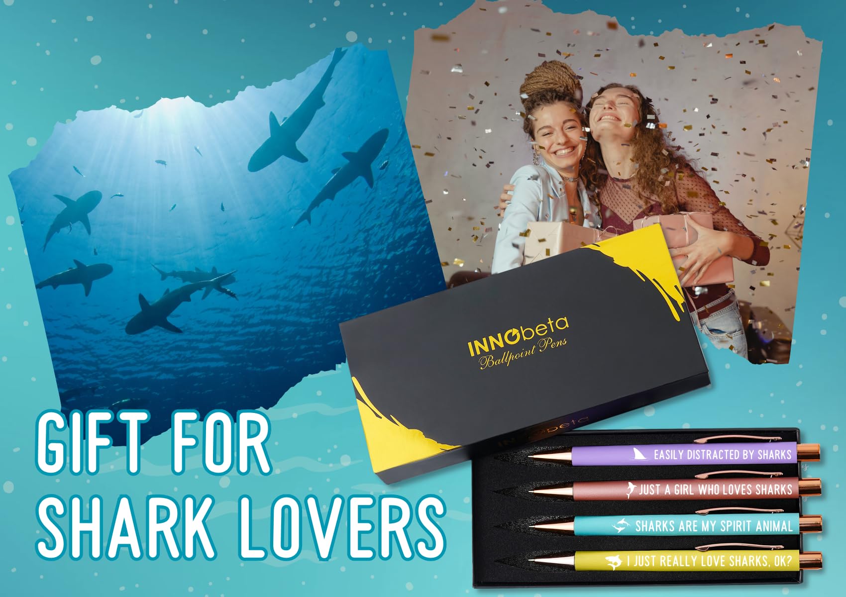 InnoBeta Shark Gifts for Women, Girls, Ballpoint Pen Set of 4, Shark Stuff for Shark Lovers, Shark Mom Gifts for Birthdays, Christmas