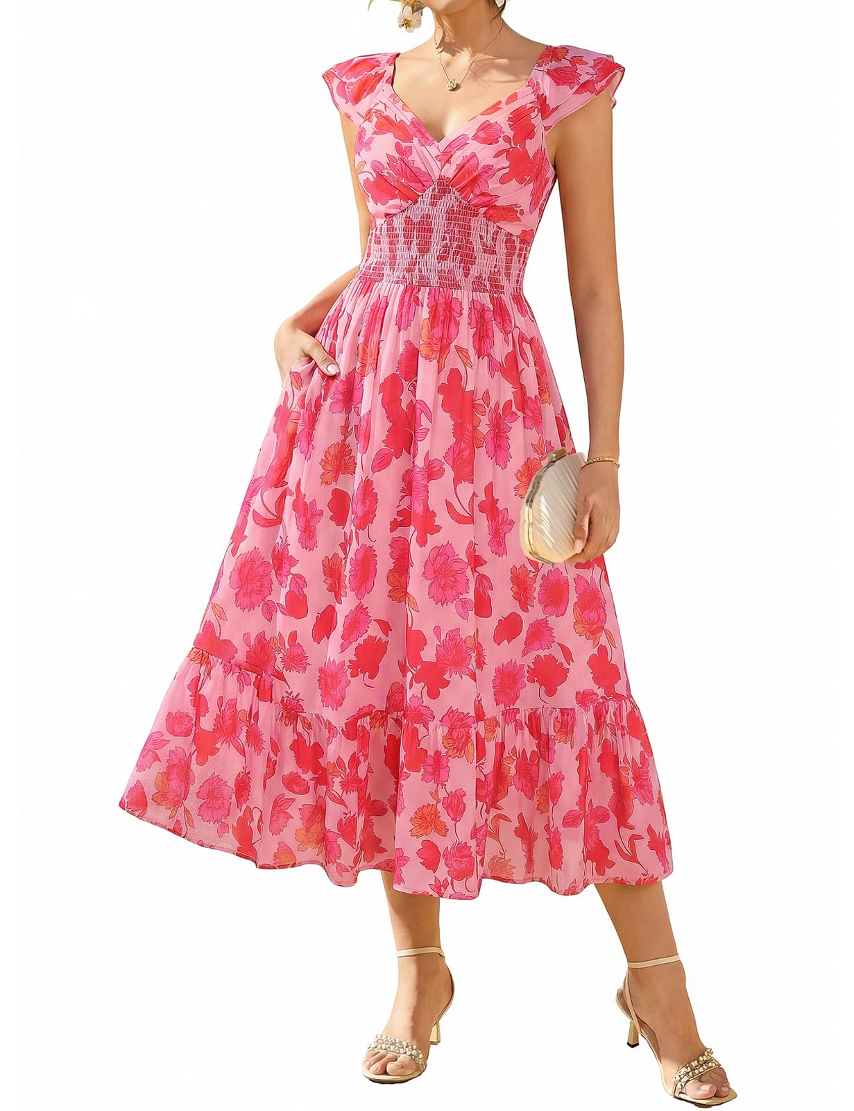 GRACE KARIN Abito estivo da donna con tasche, linea ad A, con motivo floreale, leggero | Abito in chiffon, maxi abito con fiori, abito da donna, elegante e festivo, maniche a volant, scollo a V, foderato, tasche