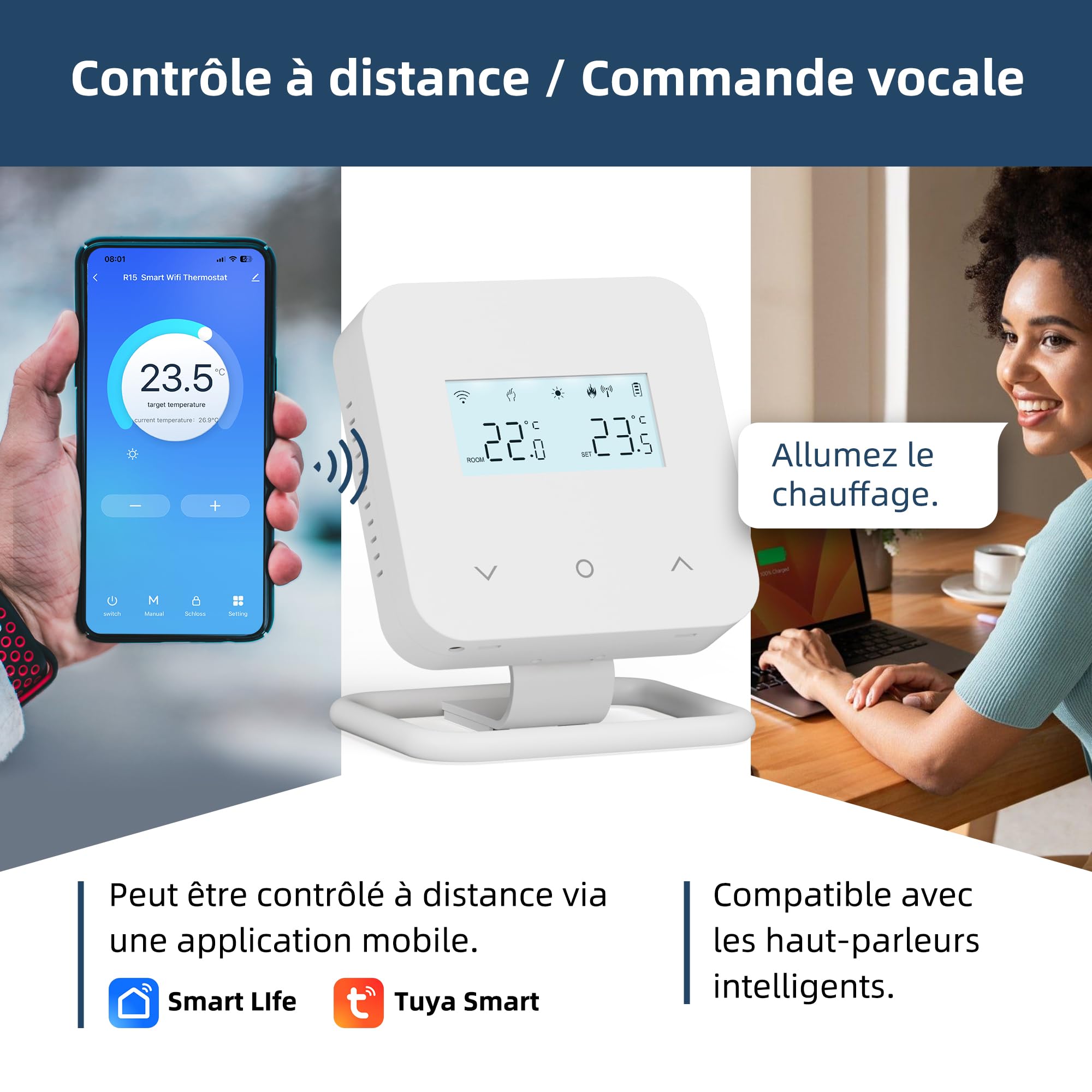 Thermostat sans Fil Programmable Quotidiennement avec Récepteur, WiFi pour Chaudières à Gaz et Fioul, Commande Vocale Alexa et Google Home, Compatible avec Tuya Smart