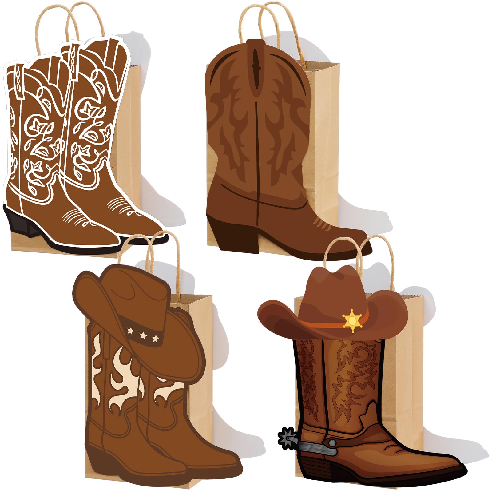 16 Pcs Cowboy Boots Paper Bags Western Theme Party Decorations Favors Wild West Kraft Gift Bag with Handles Rodeo Cowgirl Boot Hat Goodie Bag for