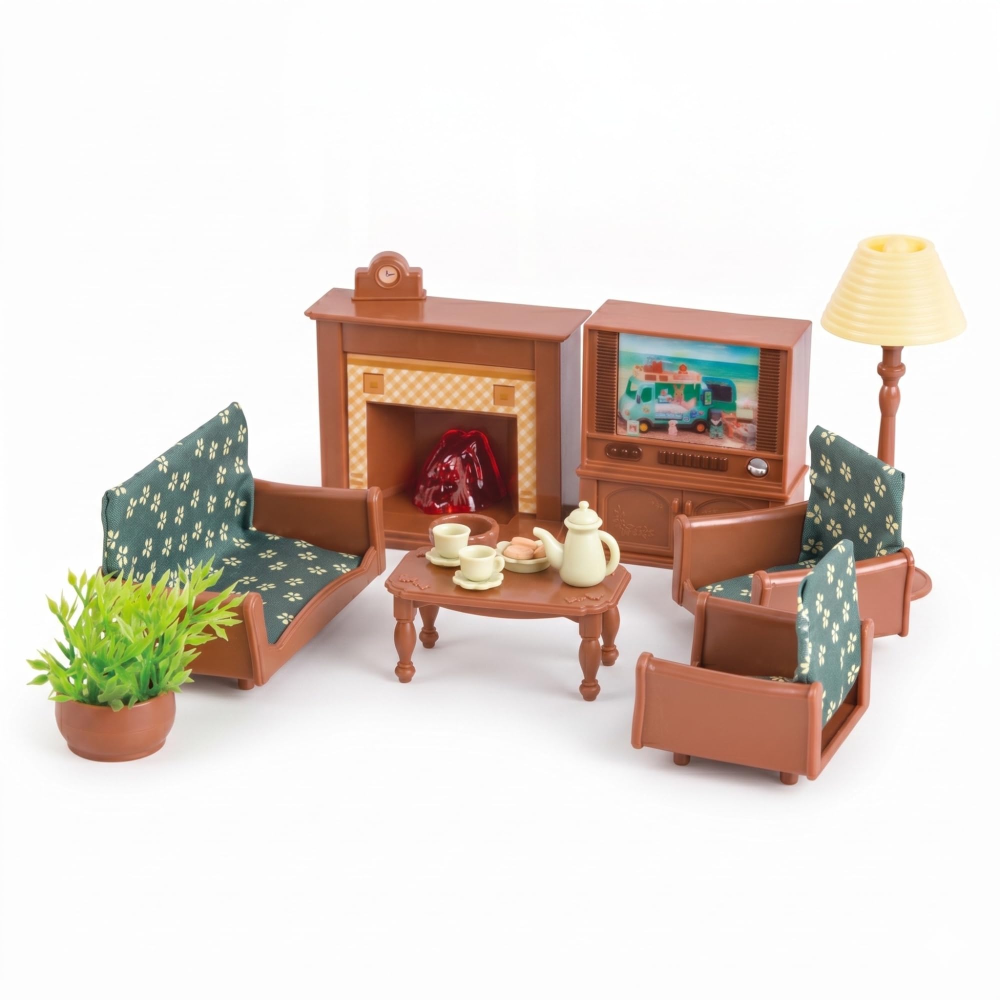Family Deluxe Dollhouse Living Room Set — Sofa & Two Armchairs, Coffee Table, TV Stand, F…