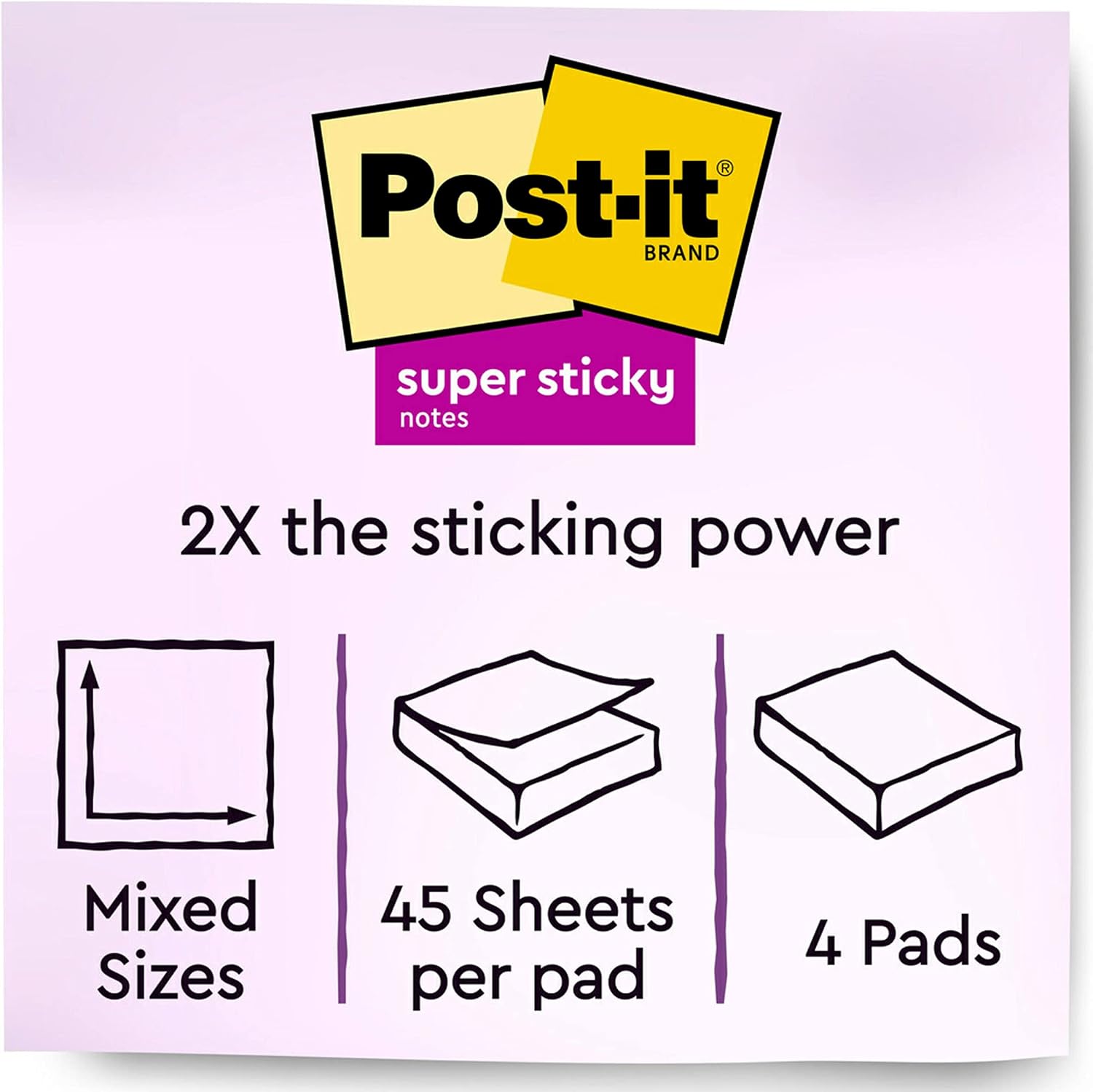 Post-it Super Sticky Notes, Assorted Sizes, 4 Pads, 2x the Sticking Power, Supernova Neons, Neon Colors, Recyclable (4622-SSMIA)
