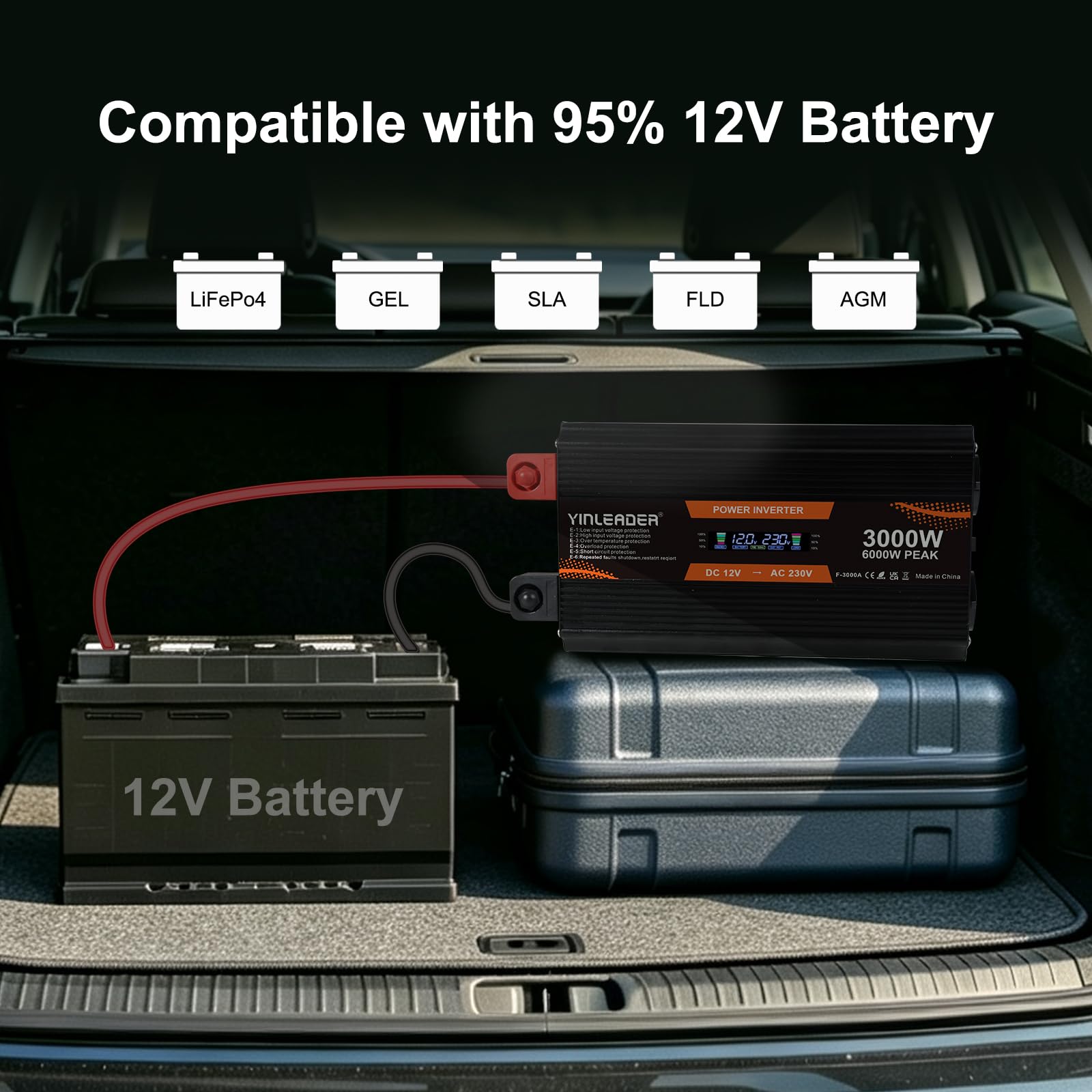 Yinleader 3000W /6000W Wechselrichter 12V auf 230V Spannungswandler mit LCD Display 2 EU Steckdosen 4 USB mit drahtloser Fernbedienung für Auto Camping Wohnmobil LKW Solaranlage