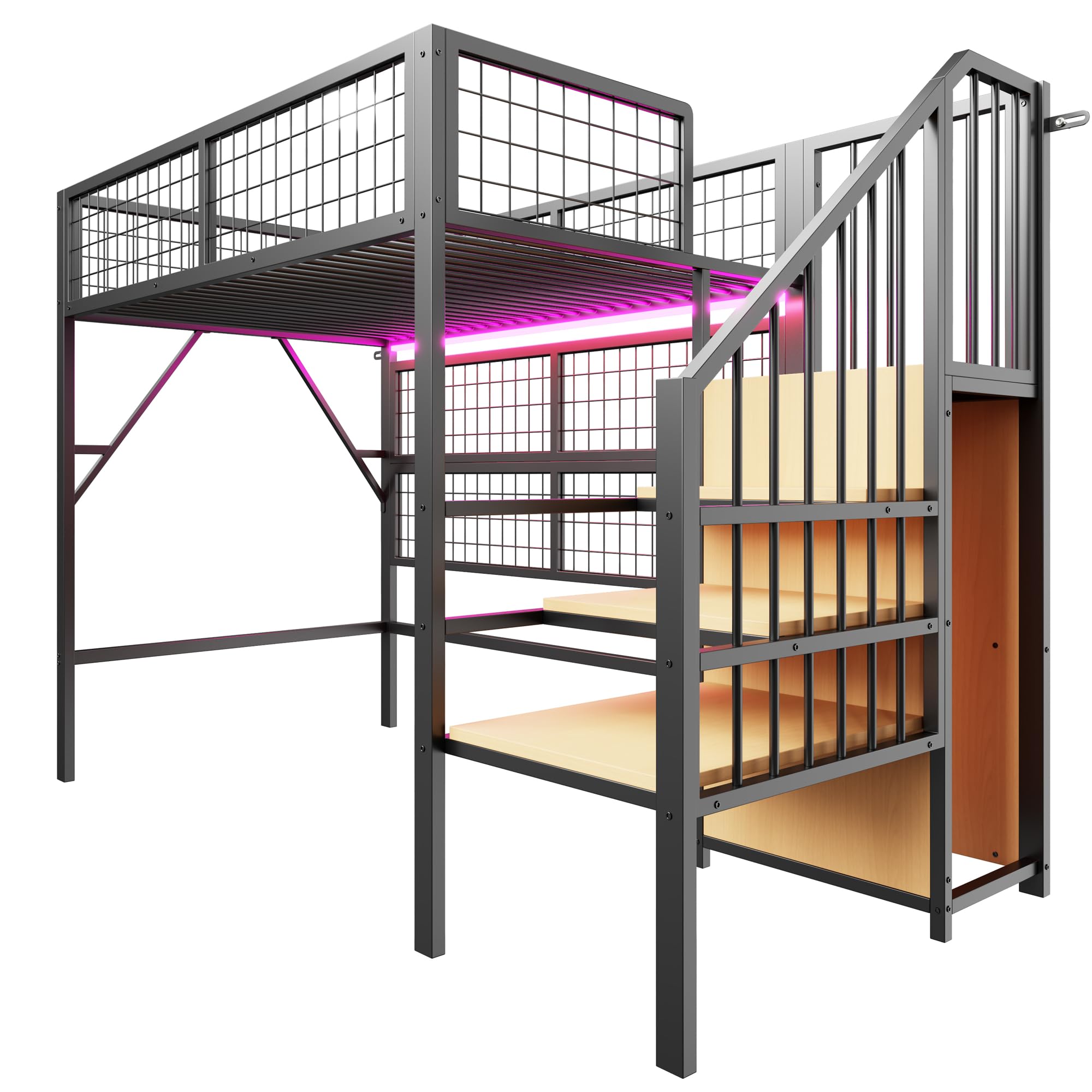 Cama de hierro, litera, 90 x 200 cm, adecuada para niños y jóvenes, con tiras de luz LED controladas por la aplicación, escalera con espacio de almacenamiento, armario abierto, color negro