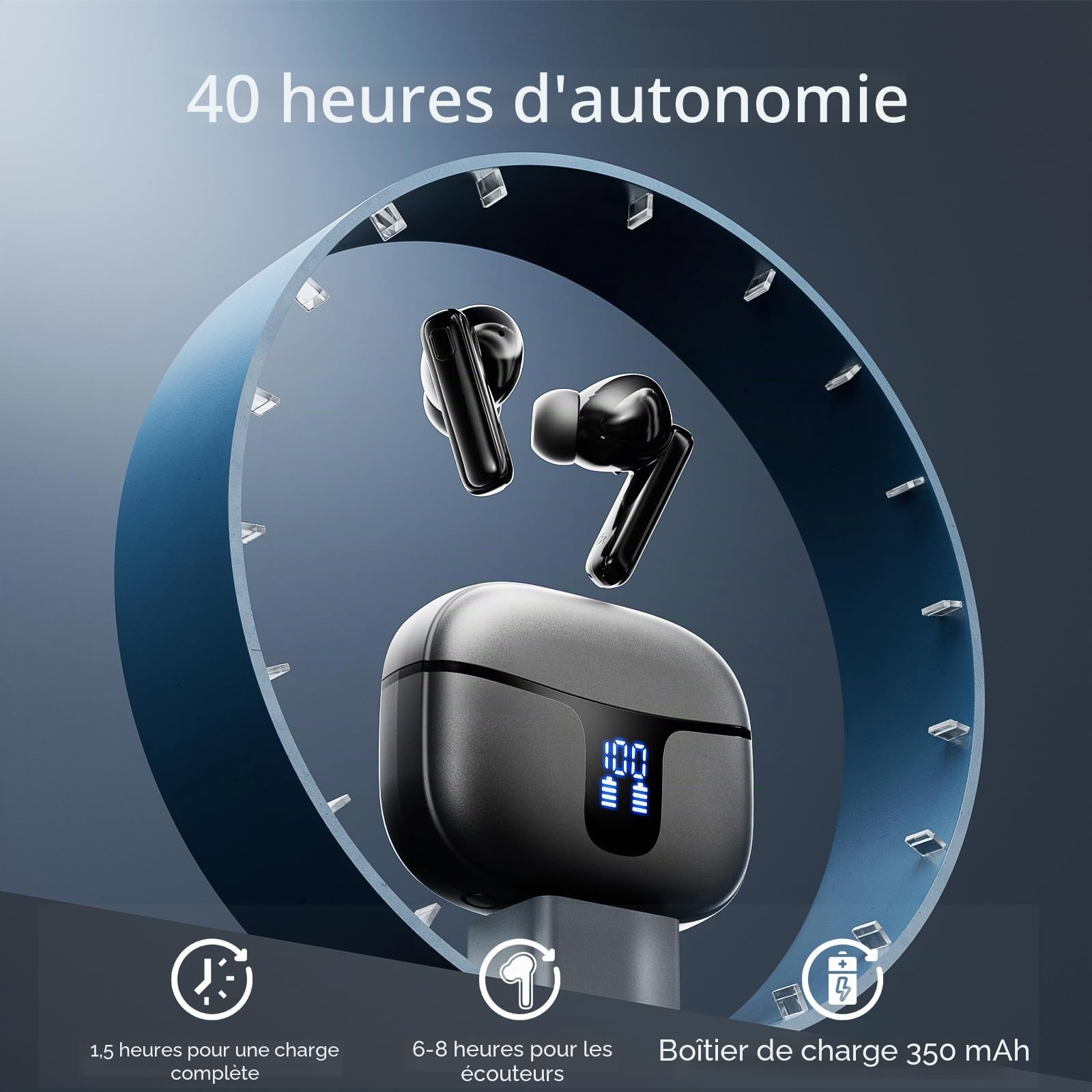 Ecouteurs Bluetooth sans Fil,Écouteurs sans Fil Intra-Auriculaires HiFi Stéréo avec Réduction de Bruit ENC,40H d'Autonomie,IP7 Étanche,Écran LED,Appairage en Un Pas,
