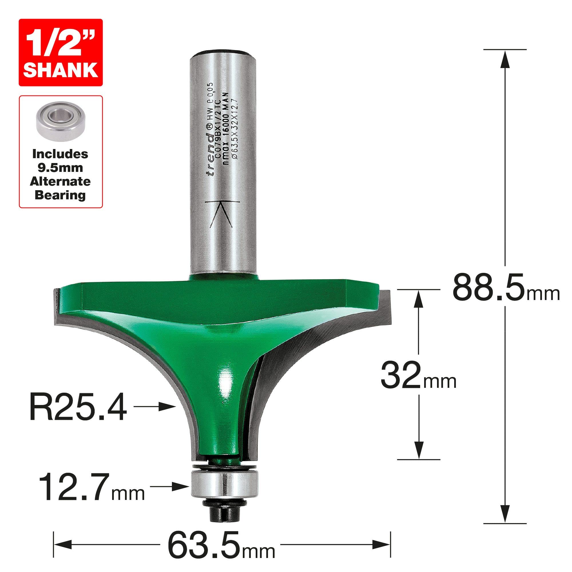 Trend CraftPro frez do frezarki górnowrzecionowej z prowadzeniem łożyskowym o profilu ovolo, trzpień 1/2 cala, promień 25,4 mm, długość cięcia 32 mm, węglik spiekany (TCT), C079BX1/2TC