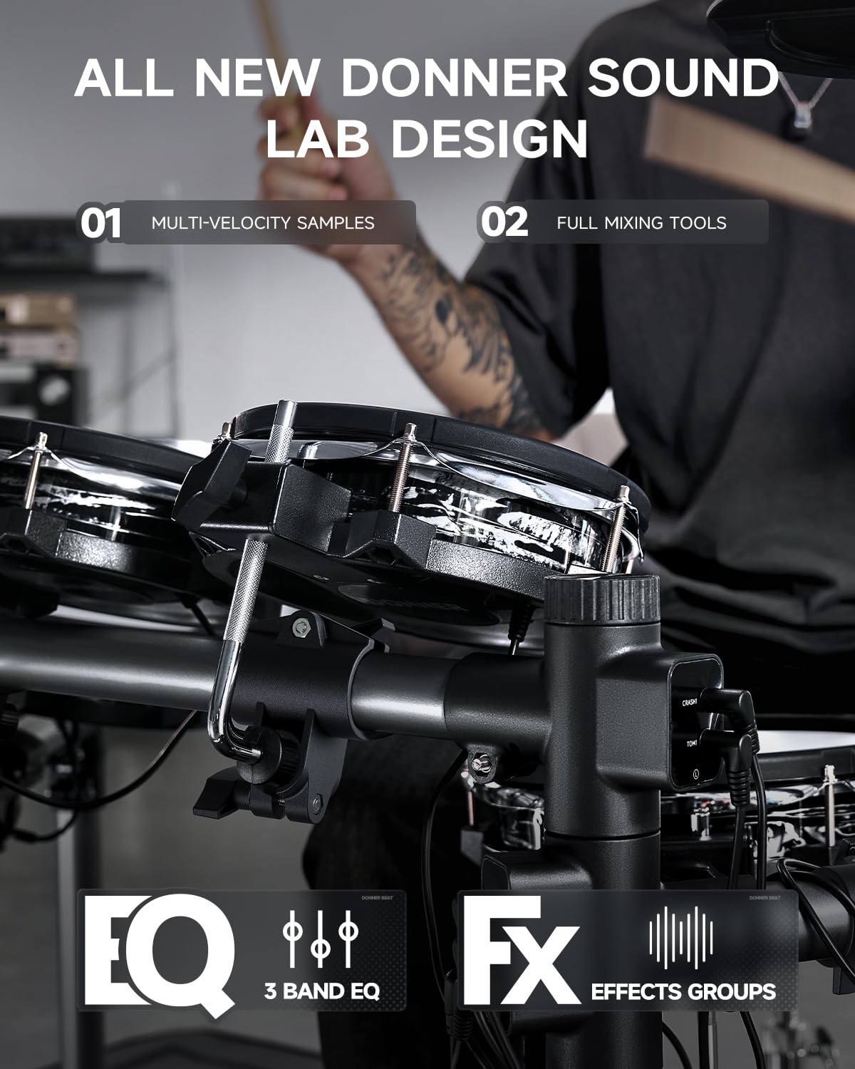 Donner Beat Elektronisches Schlagzeug-Set, elektrisches Schlagzeug mit leisen Mesh-Drum-Pads, 12-Zoll-Becken mit Choke, 100 Kits und 1100+ Sounds, Sticks, USB MIDI, Donner Play App (5 Pads, 3 Becken)