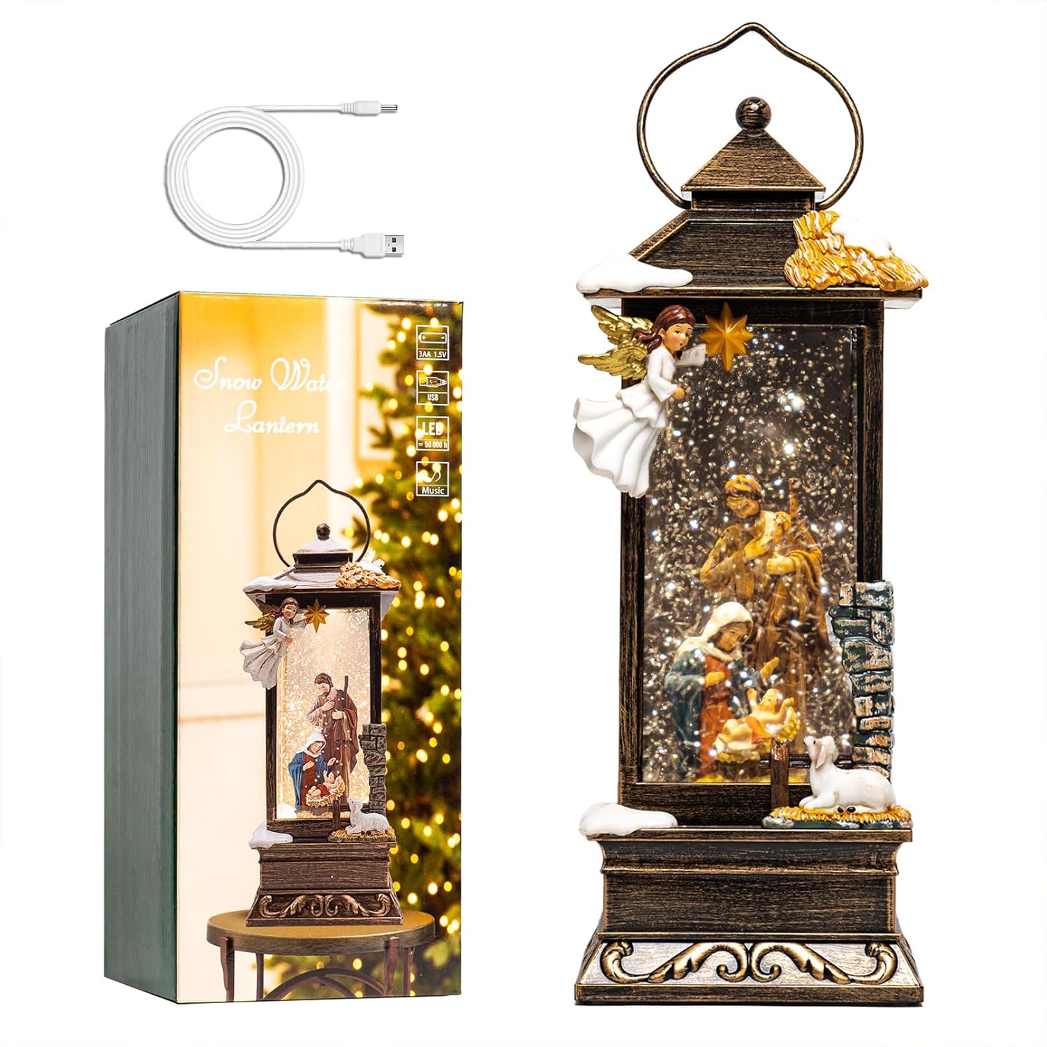 12" Christmas Snow Globe Lantern with Nativity and Angel - Water Glitter LED Light Musical Lantern with Exterior Decor - Vintage Xmas Gifts - USB Plug or Battery Operated Home Decor(Angel & Nativity)
