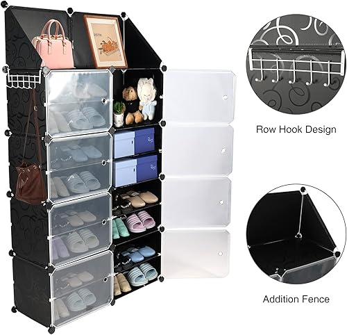 Miniatura 7 de Zapatero portátil con puertas y ganchos, 48 pares de 8 niveles apilable de plástico para zapatos, zapatero cerrado independiente de 12 cubos para