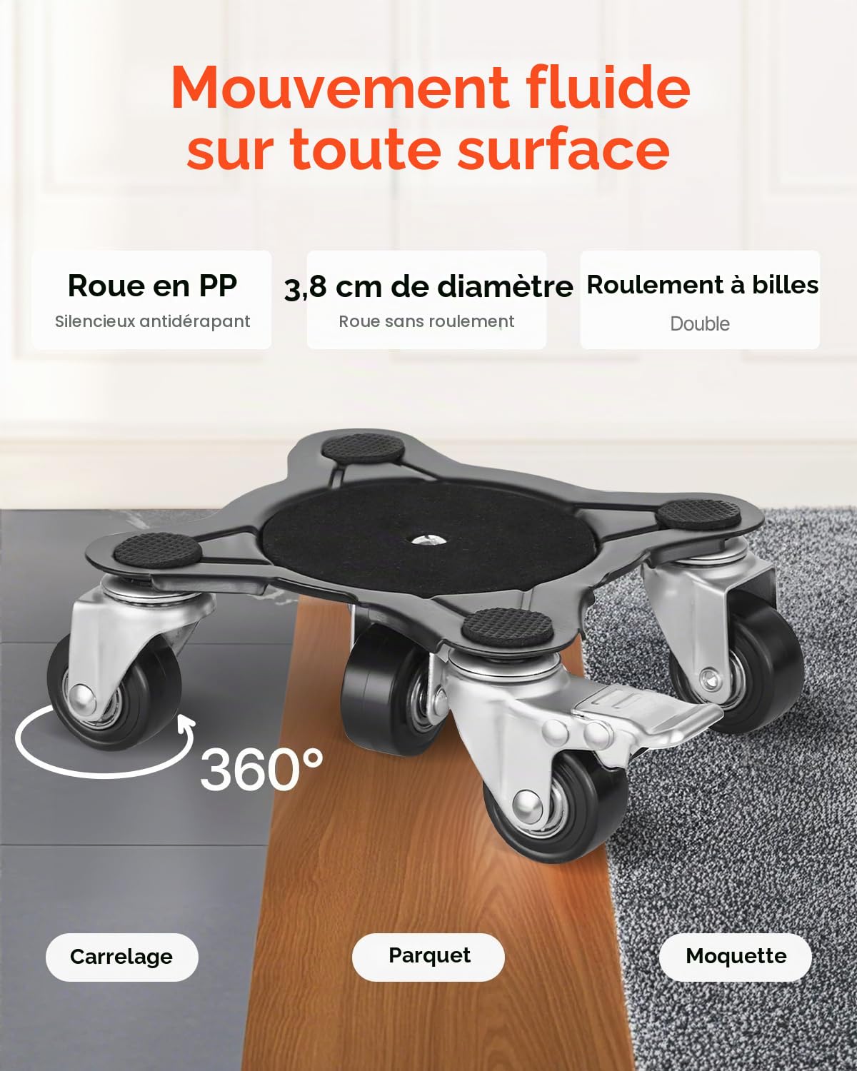 VEVOR Chariot de Déménagement 4PCS Déplace Meubles Lourds Capacité Charge 544 kg 5 Roues Rotatives 360° Plateau Roulant Manutention Déménageur Acier Carbone pour Meuble Réfrigérateur Canapé Armoire