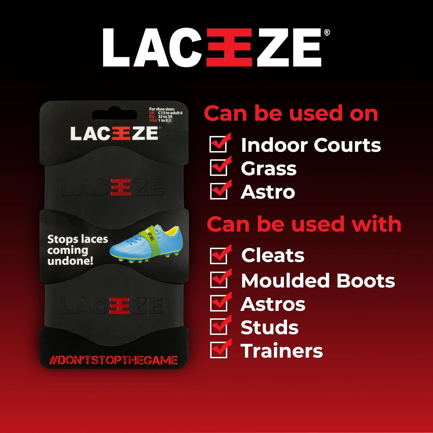 Laceeze Band Max Size USA 8+ keeps laces tied during sport soccer, rugby, field hockey