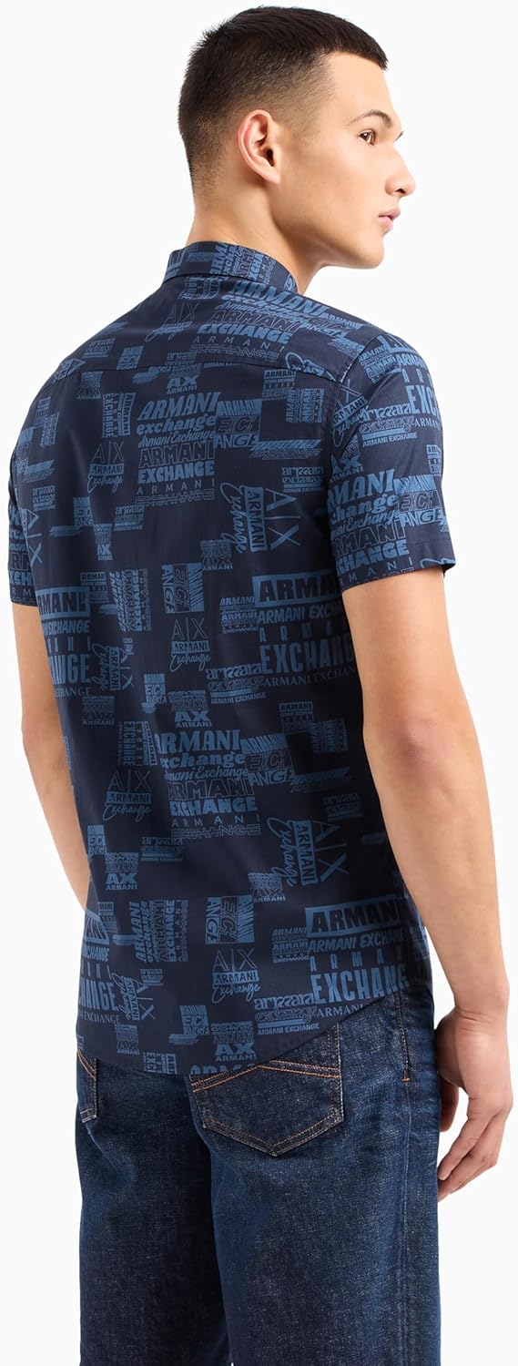 Armani Exchange Men's Short Sleeve All-Over Logo Lettering Button Down Shirt. Slim Fit - Image 5
