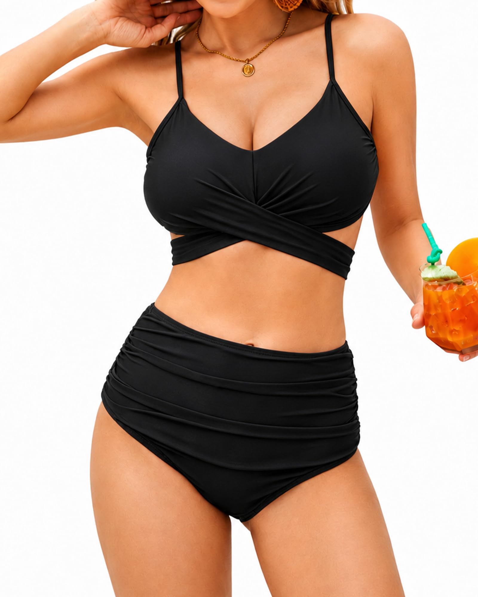 Bikini pour femme - Maillot de bain 2 pièces sexy taille haute push-up - Col en V - Croix réglable - Taille S à XXL