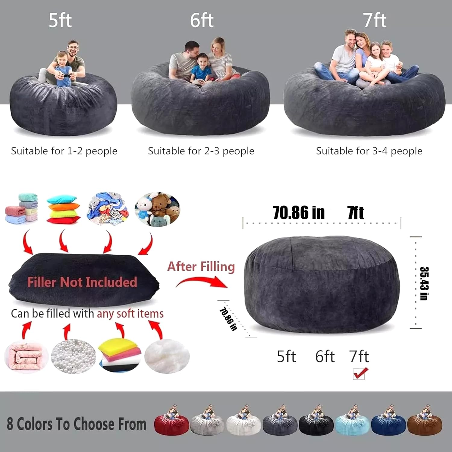 Bean Bag Chair for Adults Kids Oversize Giant Beanbag Chair Cover Without Filler Round Fluffy Comfortable Big Bean Bag Couch Chairs for Bedroom Lounge Large Sofa Sitting Chair,7FT Light Grey