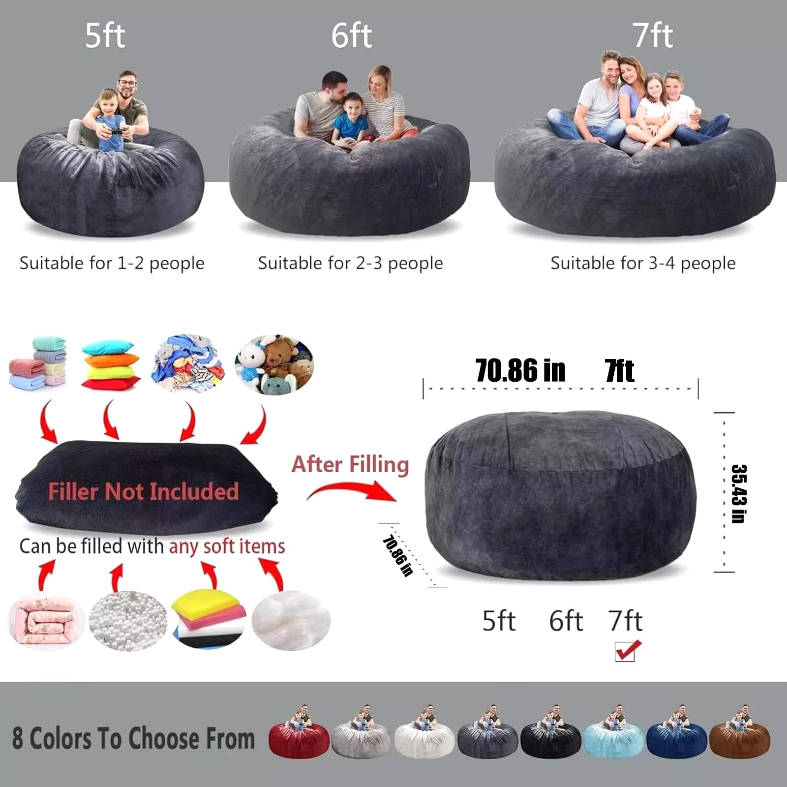 WFJOPR Bean Bag Chair for Adults Kids Oversize Giant Beanbag Chair Cover Without Filler Round Fluffy Comfortable Big Bean Bag Couch Chairs for Bedroom Lounge Large Sofa Sitting Chair,7FT Light Grey